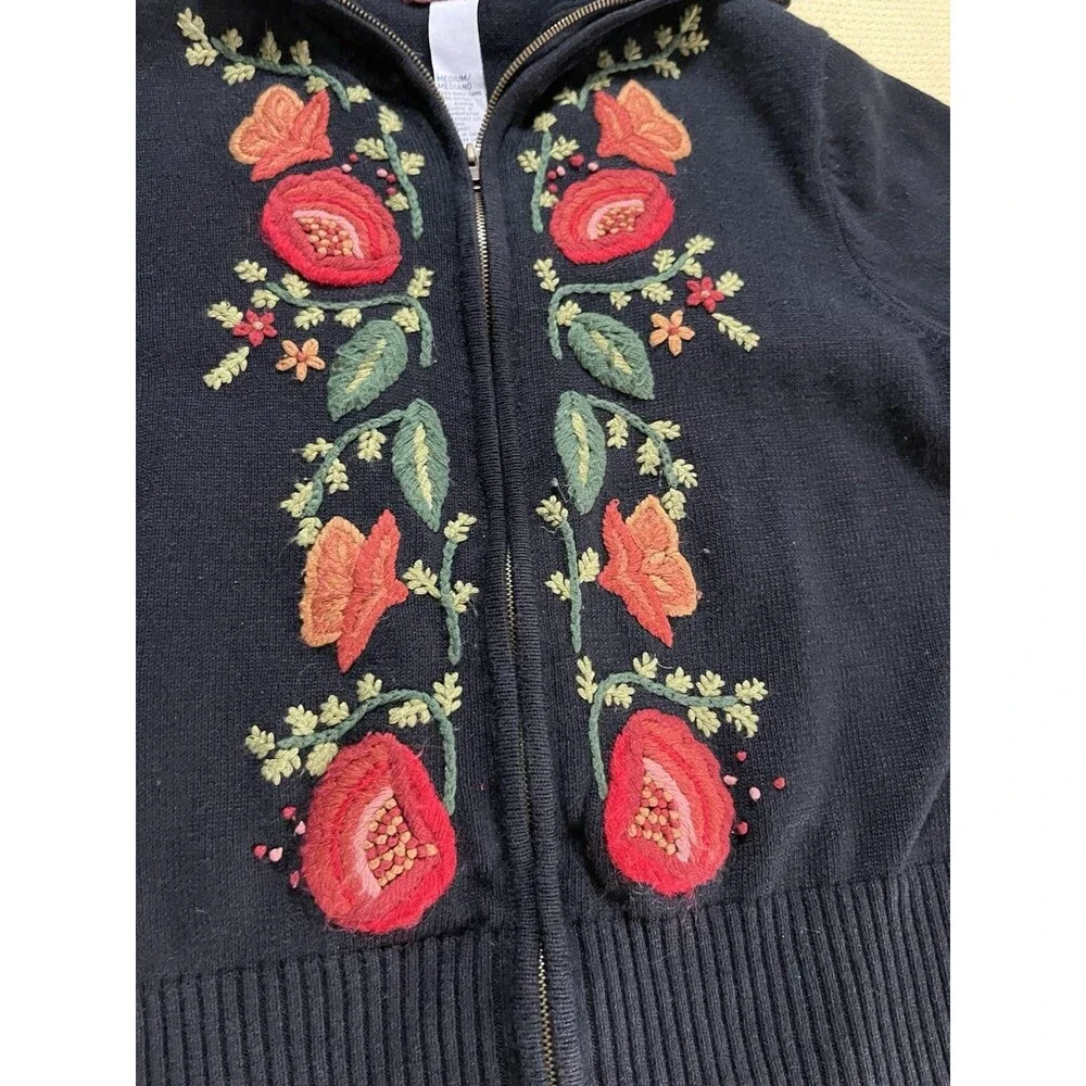 Vintage Tiara International Zip Cardigan Medium Embroidered Granny Cottage Ramie